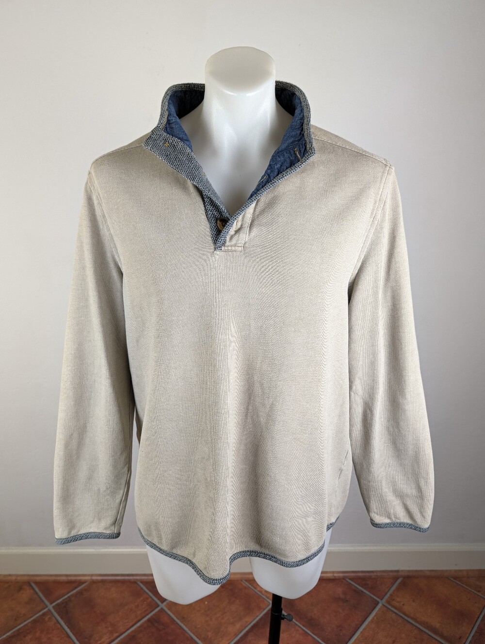 Carbon2Cobalt Men's Heavyweight  Zip-Top Knit Sweater with Contrast Denim Collar